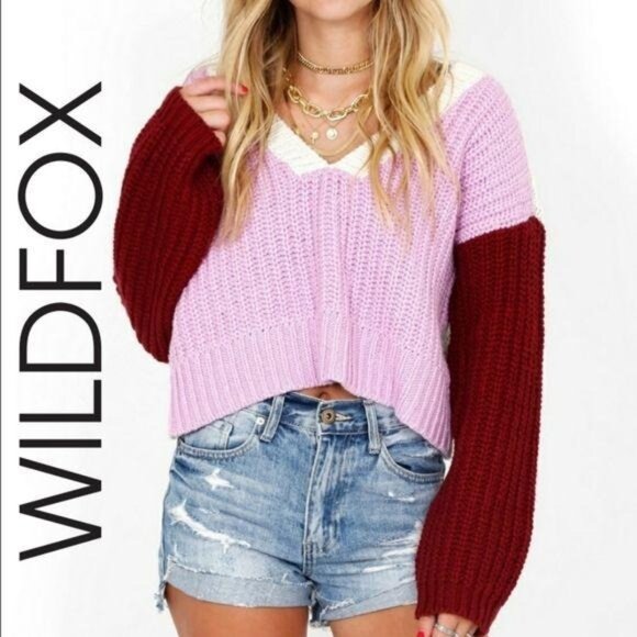 Wildfox NWT Colorblock V-Neck chunky knit Cropped Sweater Large pink maroon - Picture 1 of 12